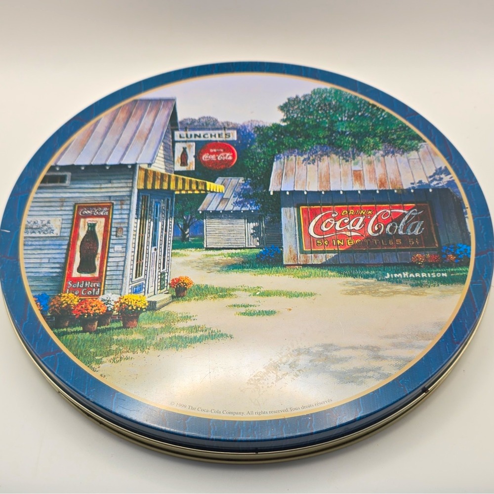 Coca-Cola 1999 Round Tin w/ Lid Dot's Four Way Assortment Soda 12 oz